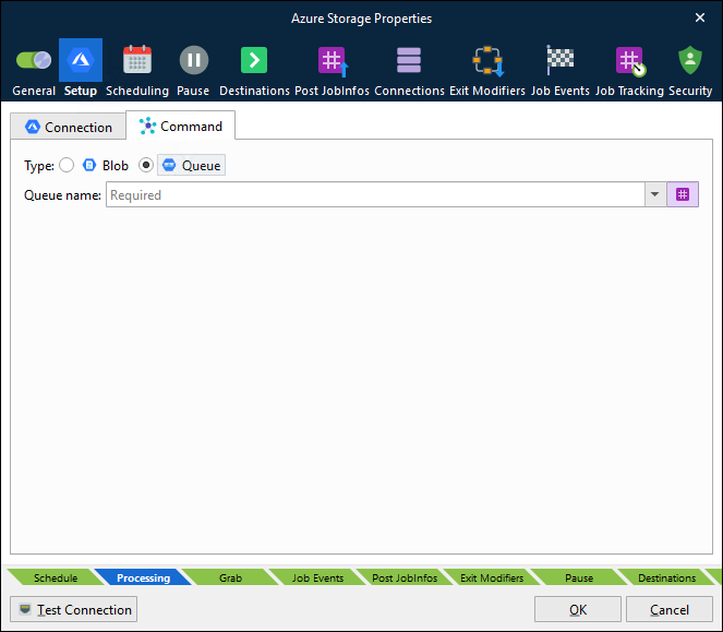 The Command tab for an Azure Storage input module with Queue selected.